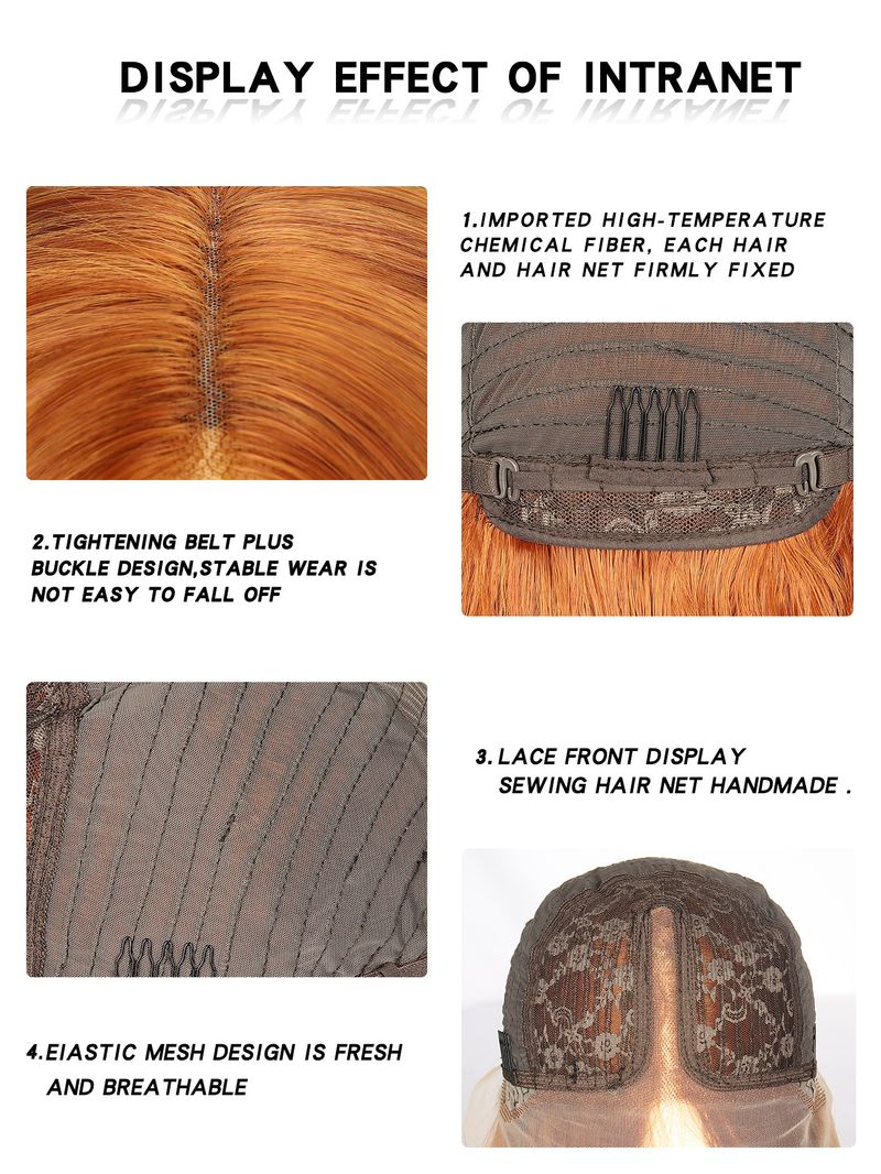 Synthetische Clip-in-Perücke, modische Perücke, Spitzen-Kopfbedeckung, schmutziges Orange, langes lockiges Haar, mittellanges Kopfbedeckung aus gespaltener Faser, Hochtemperaturdraht_voghion.com