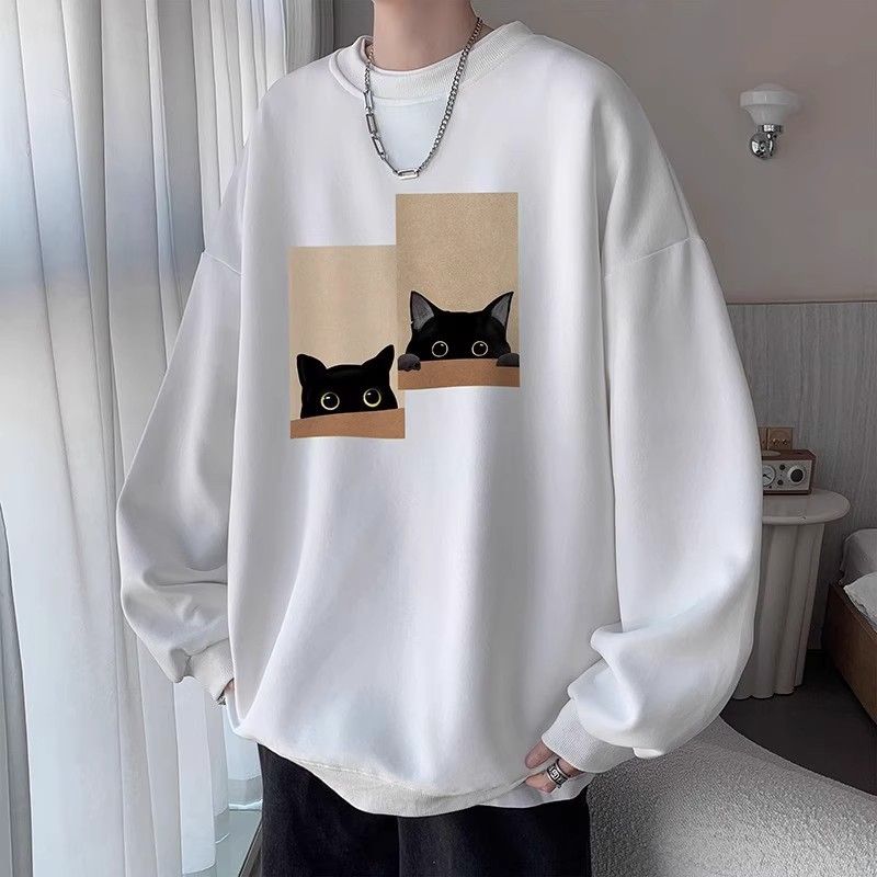Felpa girocollo senza cappuccio con stampa di gatto pigro chic per uomo, giacca in pile alla moda per giovani, autunno inverno_voghion.com