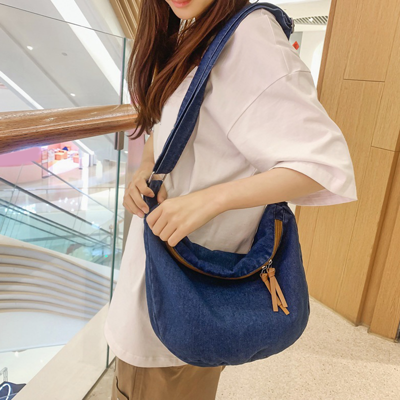 Lihanbao Stylish Messenger Bag Denim Crossbody Bag Casual Canvas Tote Large Capacity Adjustable Strap Zip Closure Student Satchel For Women -Dark Blue_voghion.com