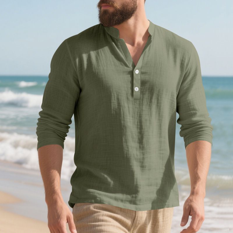 Maglietta a maniche lunghe con scollo a V in lino traspirante per uomo - Vestibilità rilassata, comfort casual, essenziale per l'estate_voghion.com