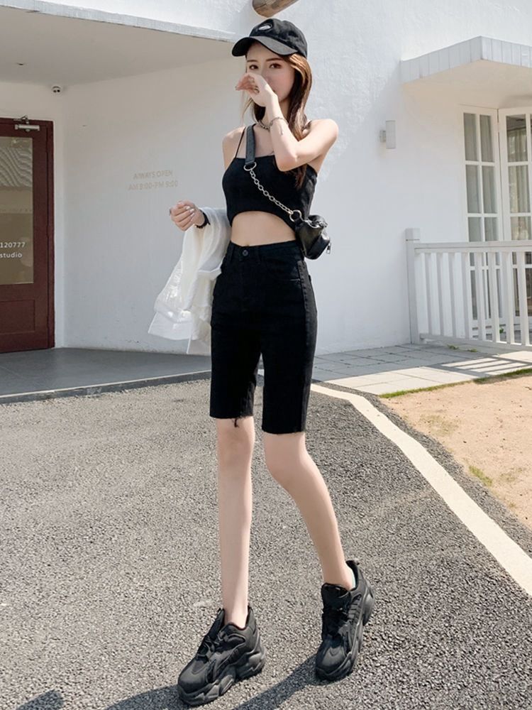 Short cycliste moulant taille haute élastique en denim noir pour femme, nouvelle collection été 2024, tube droit en maille rouge amincissant, 5 pouces_voghion.com