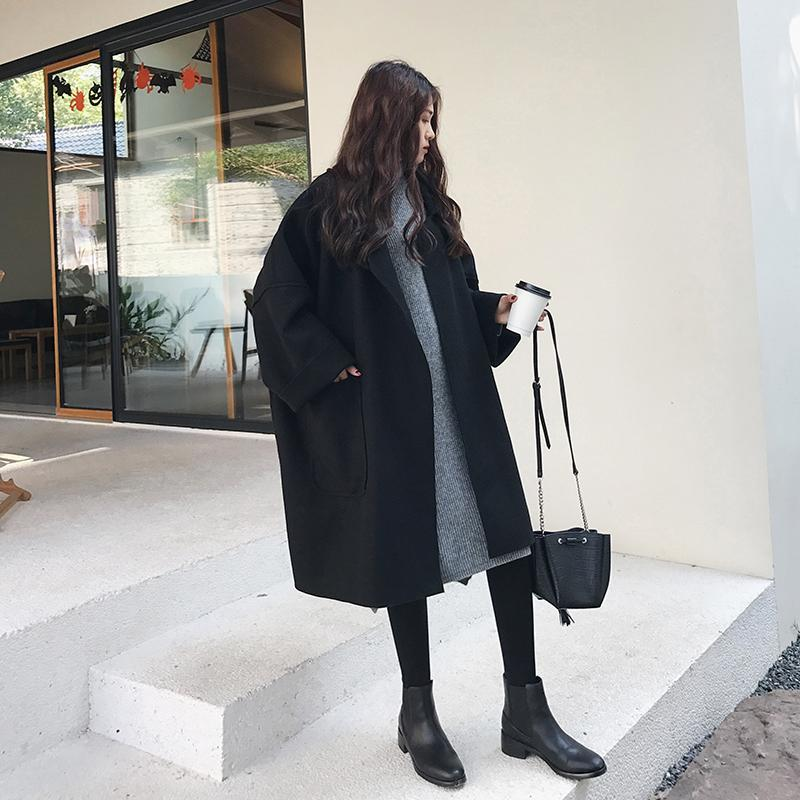 Elegant trenchcoat i ylle vinter för kvinnor Vintage vindjacka mellanlång Lös nedfällbar krage Plus storlek 4XL_voghion.com
