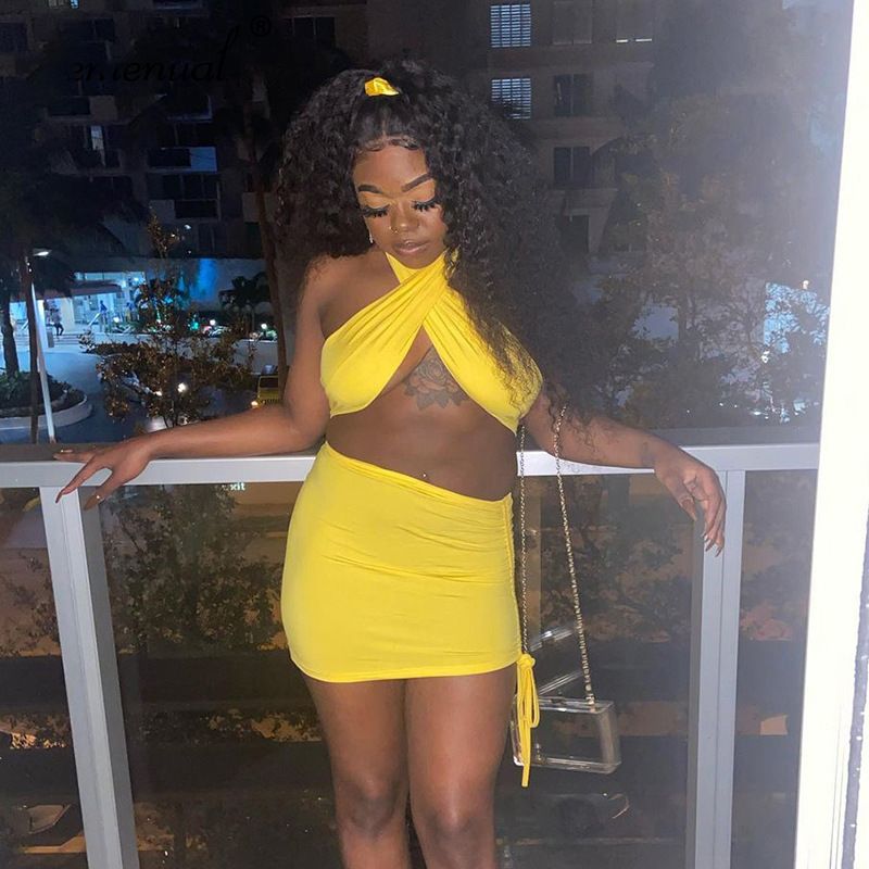 Women's Clothing 2025 Spring Summer New Solid Color Halter Cross V-neck Sleeveless Crop Top Backless Ruched Short Skirt_voghion.com