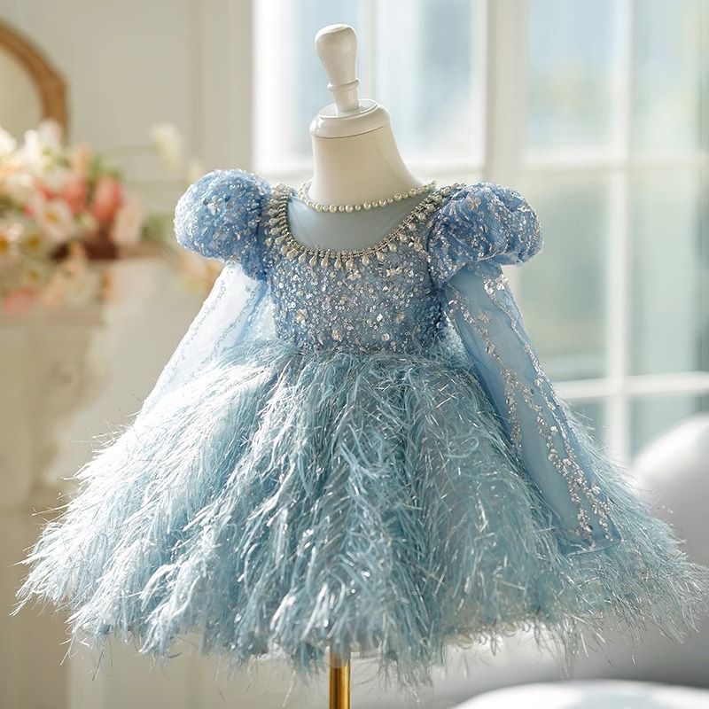 Abito da principessa azzurro cielo per bambina - Abito di alta qualità per compleanni e spettacoli al pianoforte_voghion.com