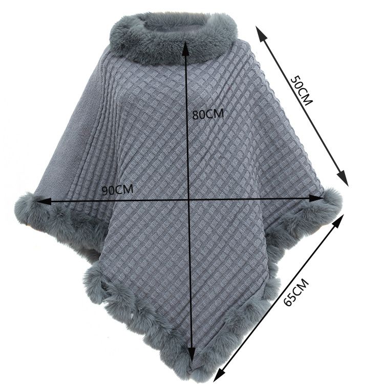 Women's Shawls Autumn And Winter New Imitation Rex Rabbit Fur Collar Pullover Shawl Irregular Large Size Knitted Cloak Loose Knitted Coat For Women_voghion.com