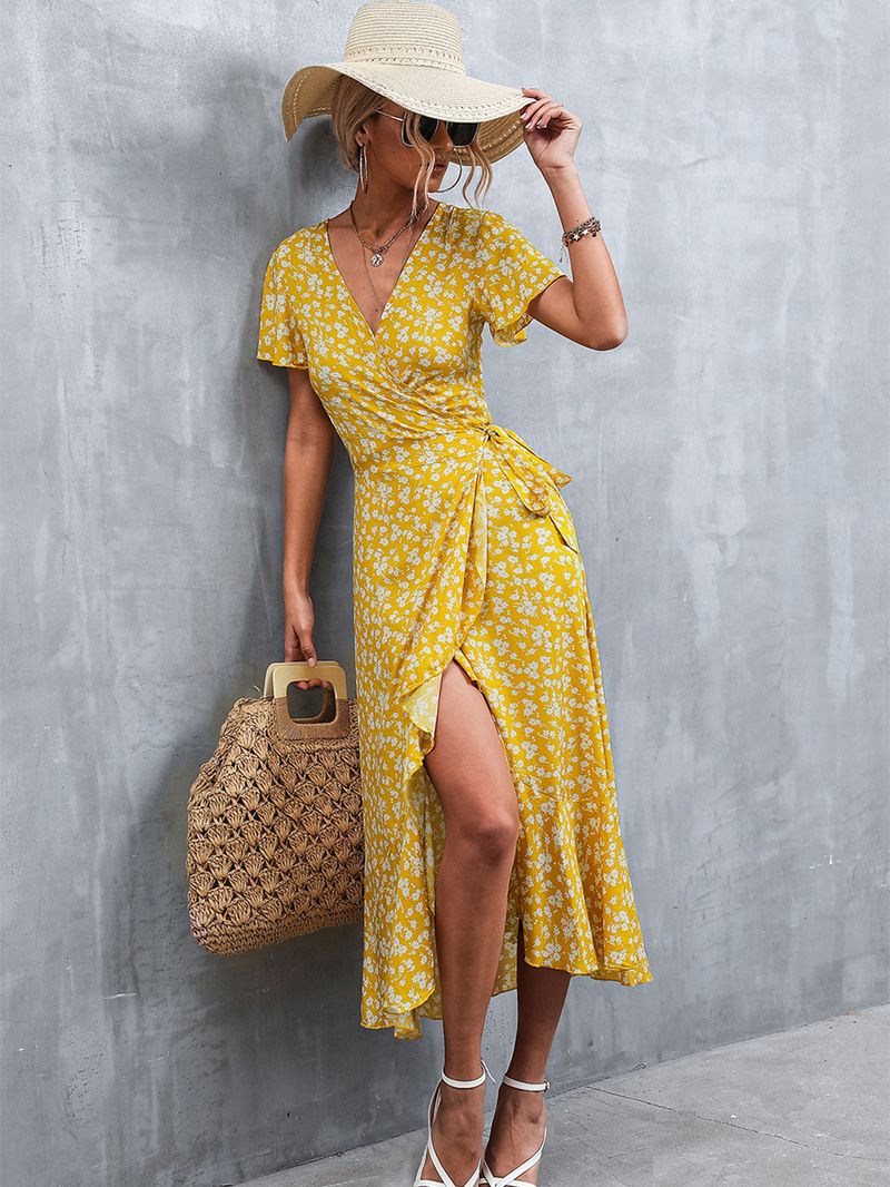 Frühling/Sommer 2022 Neues böhmisches, gekreuztes, geblümtes Kleid mit V-Ausschnitt und Schnürung_voghion.com