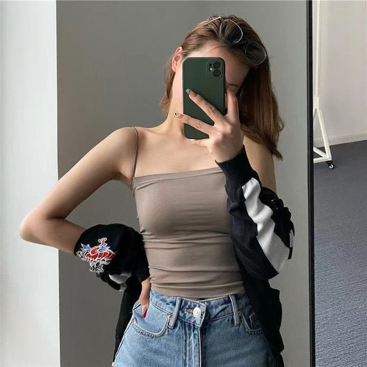 Damenbekleidung Einfarbige Camisole-Weste für Damenoberbekleidung mit integrierten Brustpolstern und Anti-Sagging-Innenbekleidung, gerafftes Tube-Top_voghion.com