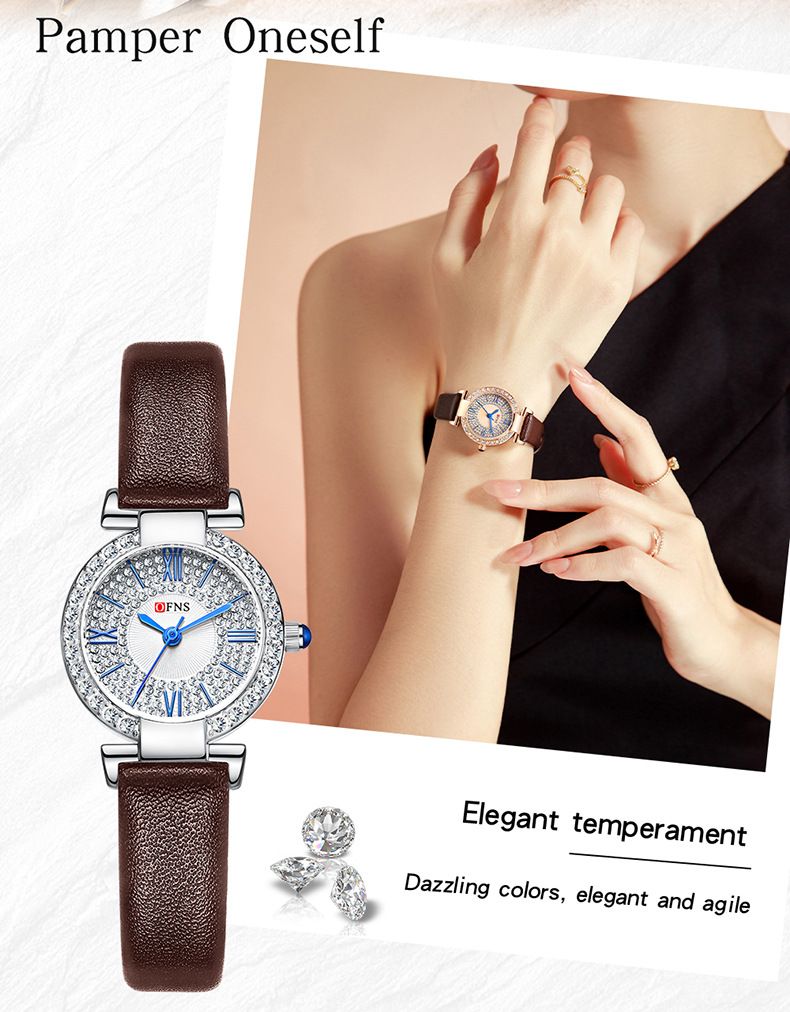 Elegante wasserdichte Quarzuhr für Damen mit Diamant-Akzent, Edelstahlgehäuse und Lederarmband, rundes Retro-Zifferblatt für den täglichen Gebrauch_voghion.com