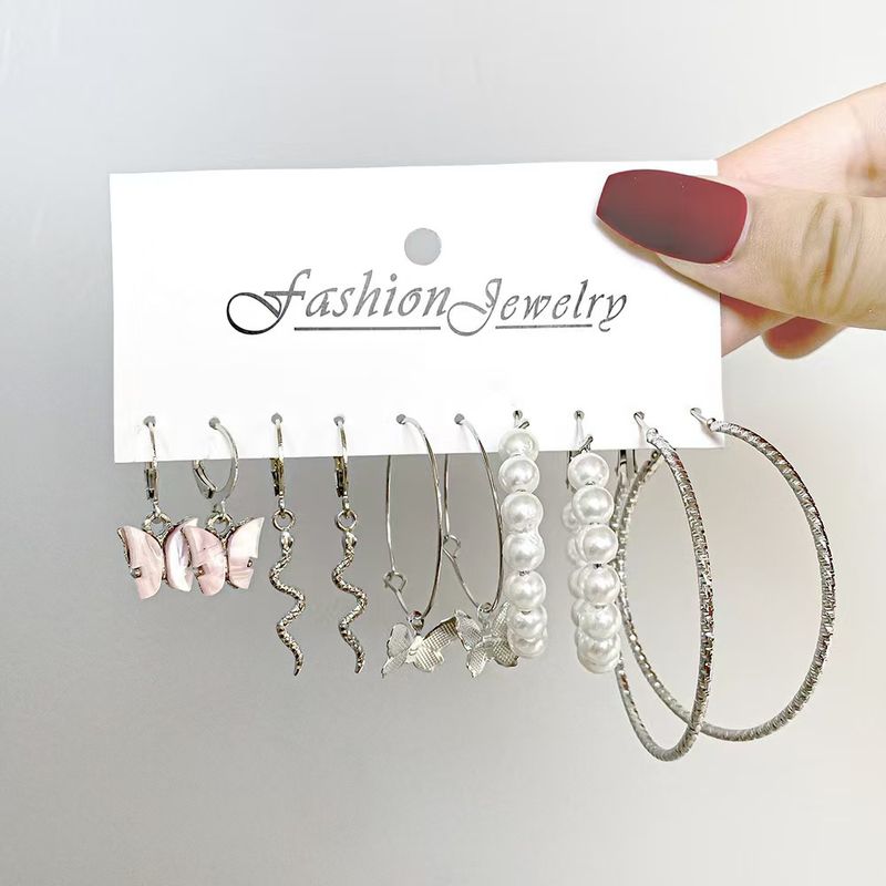 Metalen hoepel creatieve slangvormige oorclips acryl vlinder hoogwaardige parel oorbellen set voor vrouwen_voghion.com