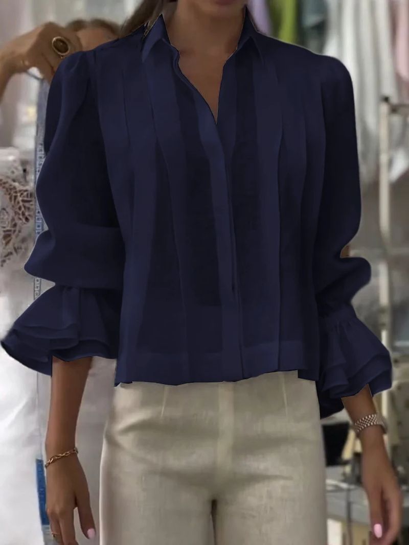Camicia a maniche corte plissettata da donna – Blusa casual ampia con design a blocchi di colore (S-XXXL)_voghion.com