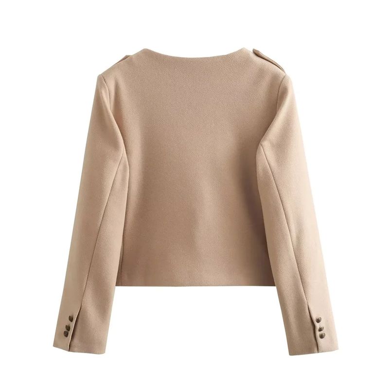 2025 Frühjahr/Herbst Neue Einreiher Rundhals Tasche Dekoration Weiche Kurze Langarm Mantel Für Frauen A19849_voghion.com