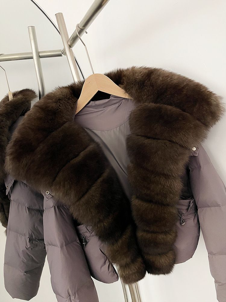 Women’s Short Puffer Jacket With Detachable Fox Fur Collar – Korean Style, Pastel Colors, Slim Fit Winter Coat_voghion.com