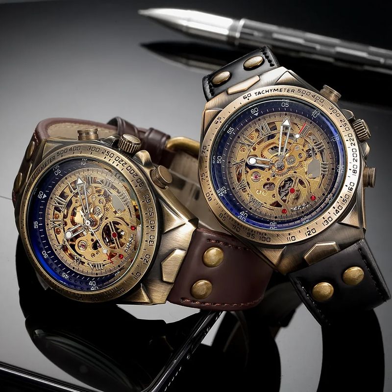 Bronze Retro Skeleton Automatic Mechanical Watch For Men Luminous Hand Brown Genuine Leather Belt Luxury Brand Steampunk Watches_voghion.com