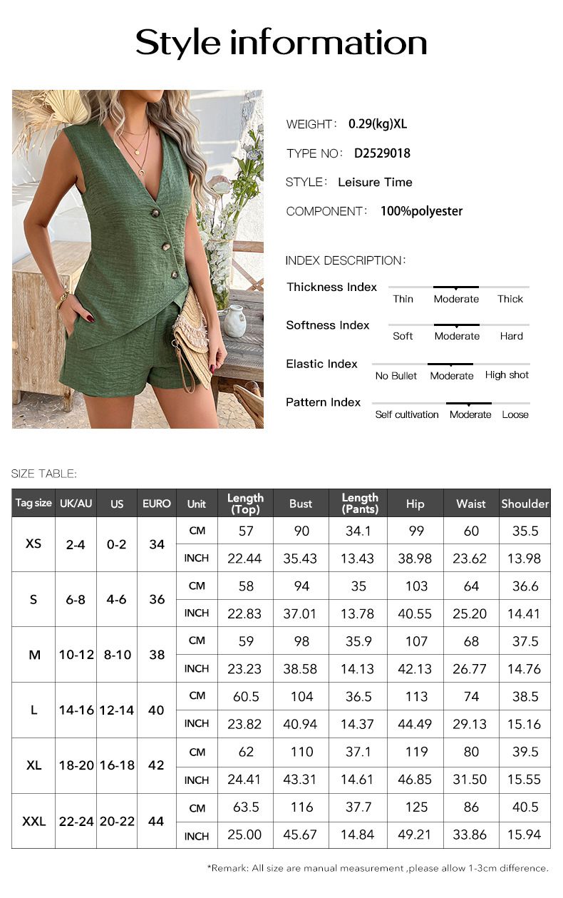 2025 Frühling Sommer Casual Solid Color Urlaub Stil Button Cardigan Weste Shorts Set Damenbekleidung_voghion.com
