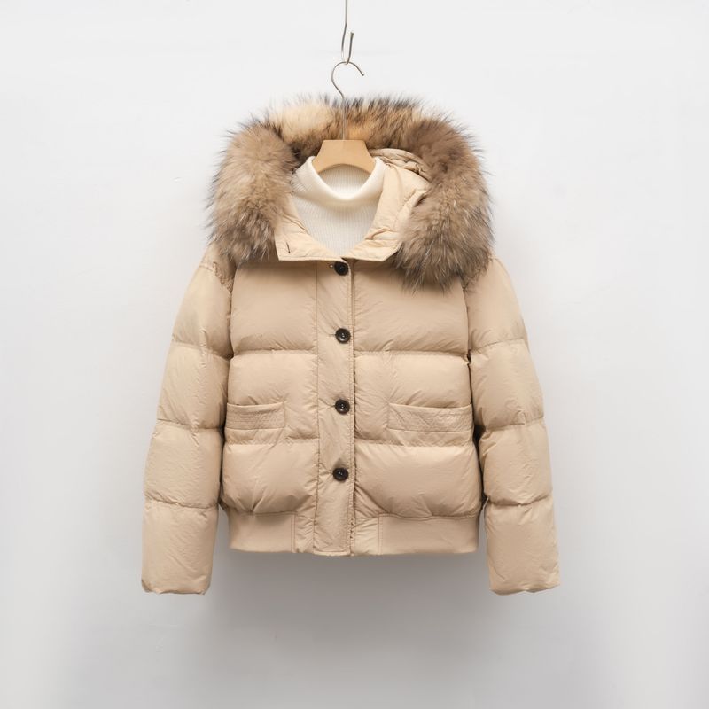 Jaqueta curta feminina com capuz de pele de raposa - Casaco de inverno grosso e solto, enchimento de penas de pato, revestimento de nylon, preto e cáqui_voghion.com