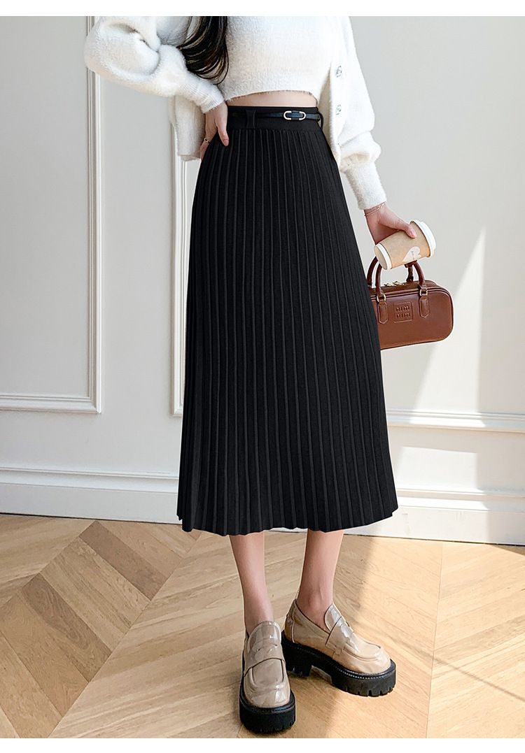 K Women's Midi Pleated Knit Skirt With High Waist Design, Covering The Hips And Slimming The Figure._voghion.com