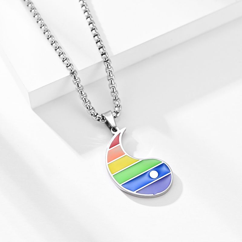 Rainbow Tai Chi diagram Yin Yang fish couple titanium steel pendant necklace jewelry_voghion.com