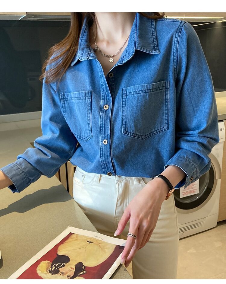 Vintage Jeanshemd im Hong Kong-Stil für Damen – Retro-blaues Oversized-Button-Down-Shirt mit klassischem Kragen, Freizeit- und Bürokleidung_voghion.com