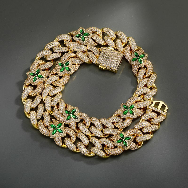 Four-Leaf Clover Cuban Men's Diamond-Studded Necklace Hip Hop Green Twist Chain Trendy Nightclub Accessories_voghion.com