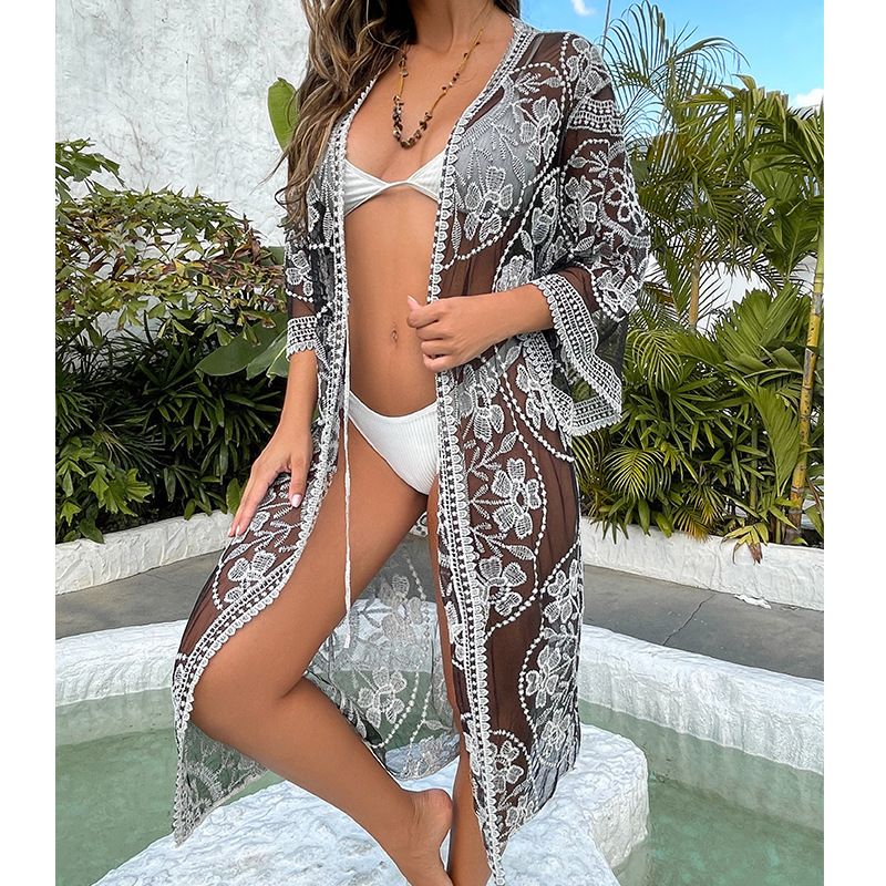 Strand-Überwurf aus Spitze – transparenter Sonnenschutz-Kimono (Einheitsgröße, 100 % Baumwolle, florales Cutout-Design)_voghion.com
