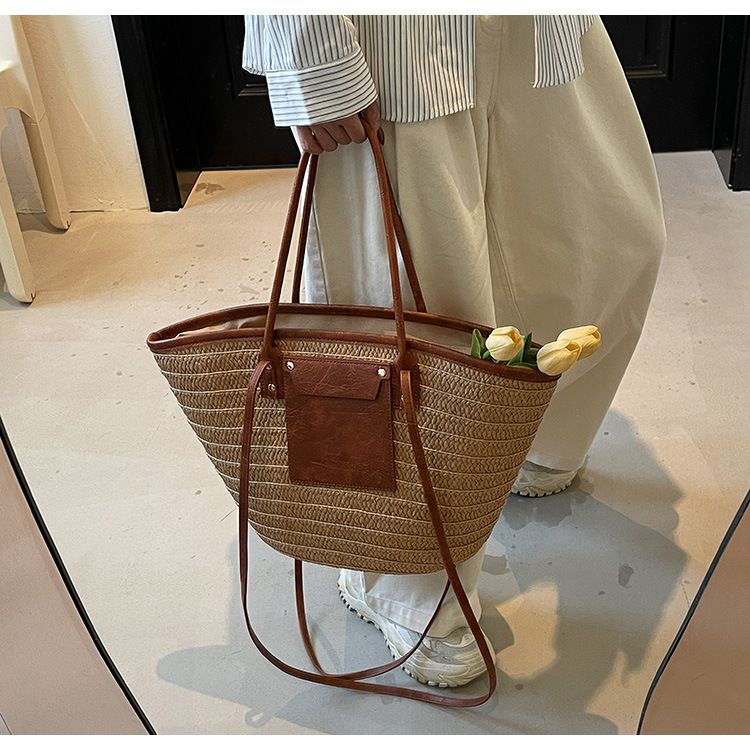 Ženska torba Bucket Bag, potovalna počitniška slamnata torba za veter, ženska modna tkana velika torba, velika torba za plažo_voghion.com