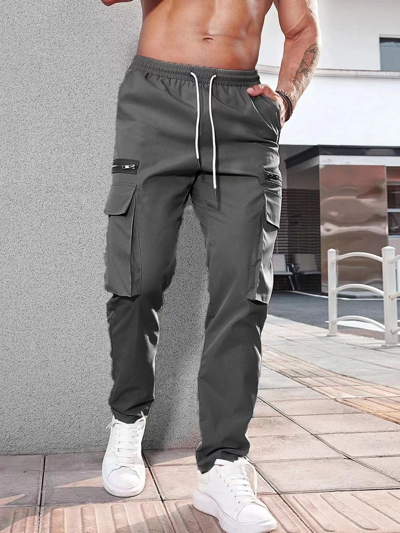 Ropa de hombre, pantalones cargo decorados con cremallera deportiva informal, pantalones con cordón en la cintura para hombres_voghion.com