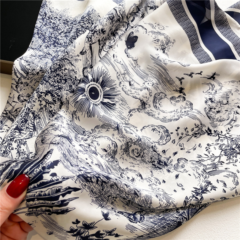 Waldwasser 110 cm schöner Brokat-Sommerschal, Schal, Sonnenschutz, Stirnband, quadratischer Schal, vielseitiger Seidenschal, große Größe_voghion.com