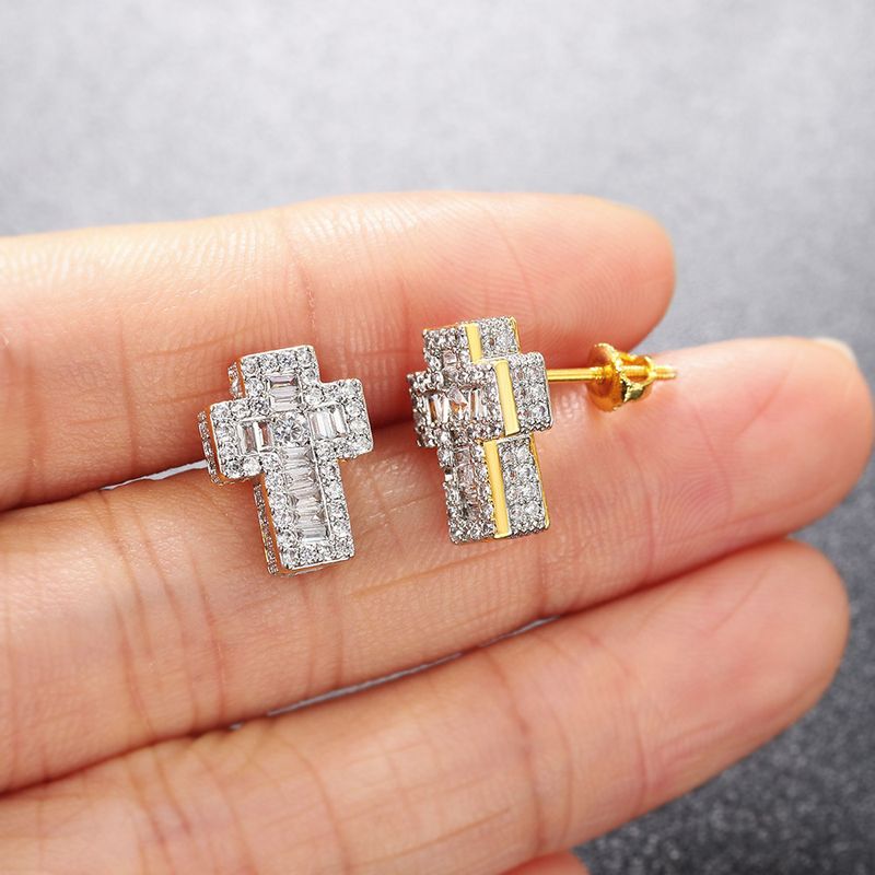 Nuovi orecchini Hip Hop con croce 3D e diamanti per uomo, gioielli per orecchie con micro-intarsi in zirconi placcati colorati_voghion.com