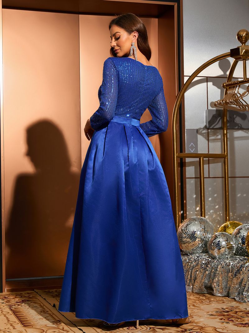 Elegant Navy Blue Satin Evening Gown Sequin-Embellished Split Thigh Formal Dress With V-Neck & Flutter Sleeves For Galas, Cocktail Parties_voghion.com