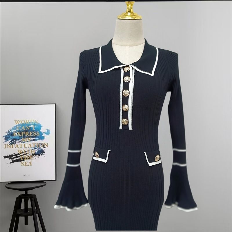 Inspired Strickkleid mit Babydoll-Kragen – X-Linien-Langarmkleid für Damen mit ausgestelltem Saum und Knopfdetail (S-XL, einfarbig, hohe Taille)_voghion.com