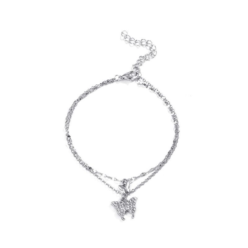 Doppelschichtiges Schmetterlings-Fußkettchen Internet-Promi-Mode-Temperament-Anhänger-Armband Böhmisches Strandketten-Accessoire_voghion.com