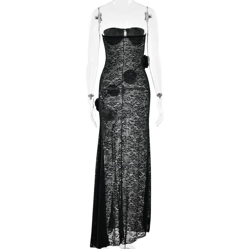 Abito da donna sexy, sottile e trasparente, in pizzo, con top a tubino autunnale e gonna lunga con coda di fiore tridimensionale_voghion.com
