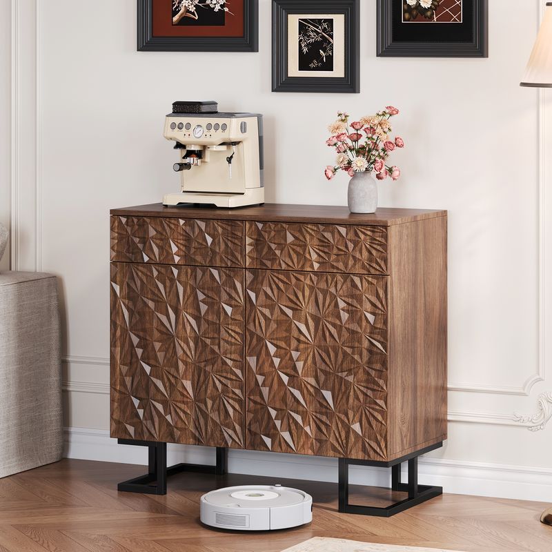 Credenza Kommode 80x78cm Walnussoptik Mit Blattrelief, 2 Schubladen & 2 Türen, Metallbeine_voghion.com
