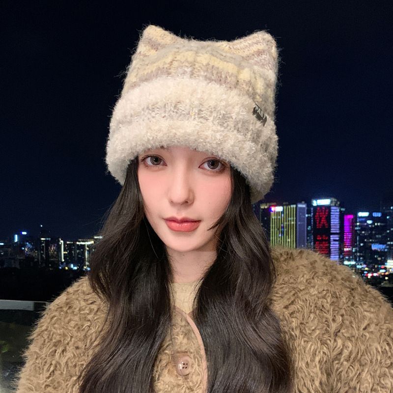 Cappello invernale versatile per donna, caldo e spesso, con orecchie di gatto, carino e dolce, lavorato a maglia, alla moda, in lana._voghion.com