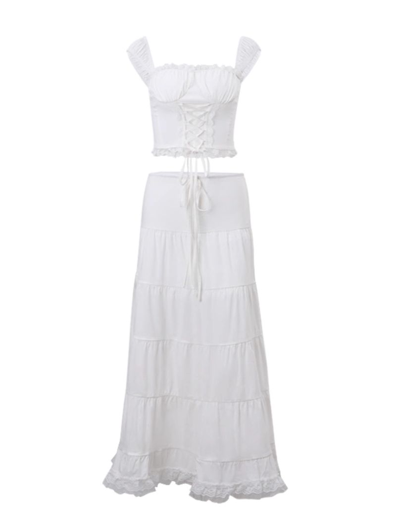 2023 Winter Neue Mode Square Neck Spitze Weste Mit Krawatte Und Rüschen Saum Rock Set Für Frauen_voghion.com