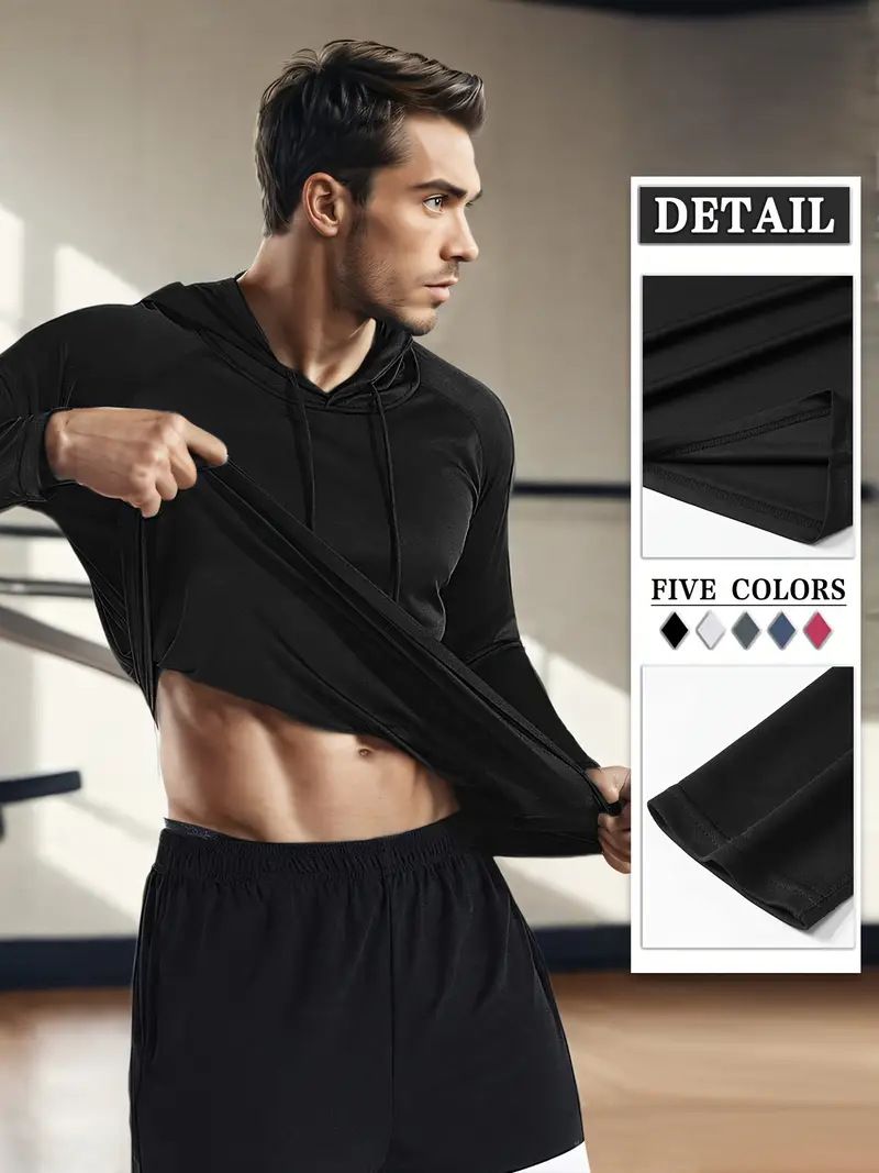 Sweat à capuche de performance pour homme - Haut de course slim évacuant l'humidité pour l'automne et l'hiver, vêtement de fitness léger à séchage rapide avec capuche réglable_voghion.com