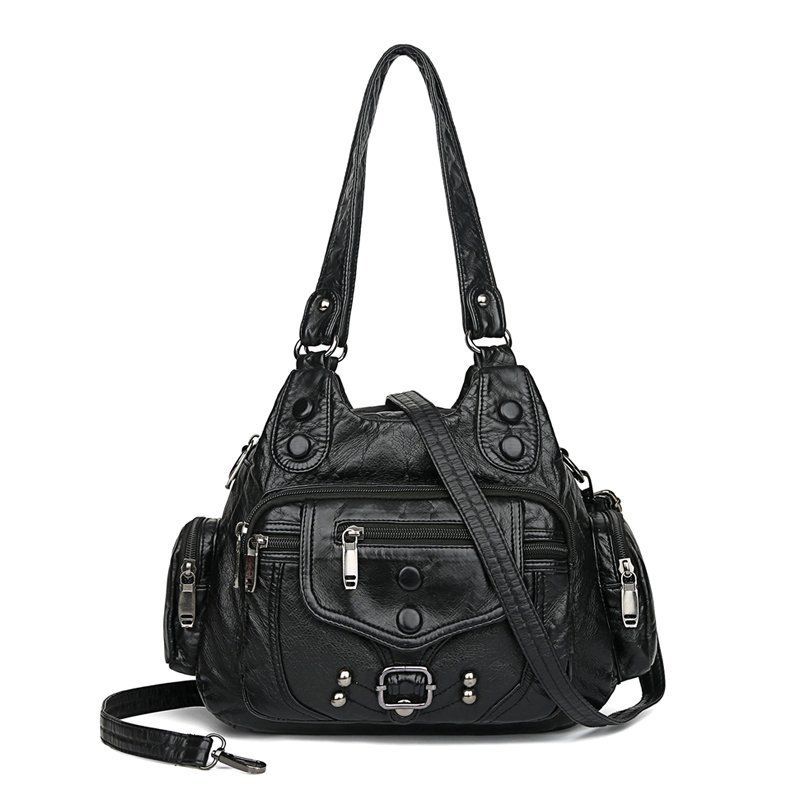 Borsa da donna in pelle lavata di alta qualità, borsa tote in morbida pelle con rivetti retrò, borsa a tracolla multitasche di grande capacità_voghion.com