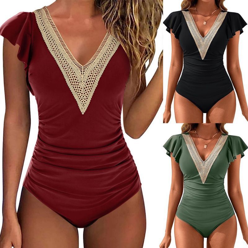 Naisten vaatteet, naisten muoti, huippuluokan seksikäs haalari, yksivärinen, pitsikauluksella varustettu, liitososainen uimapuku_voghion.com