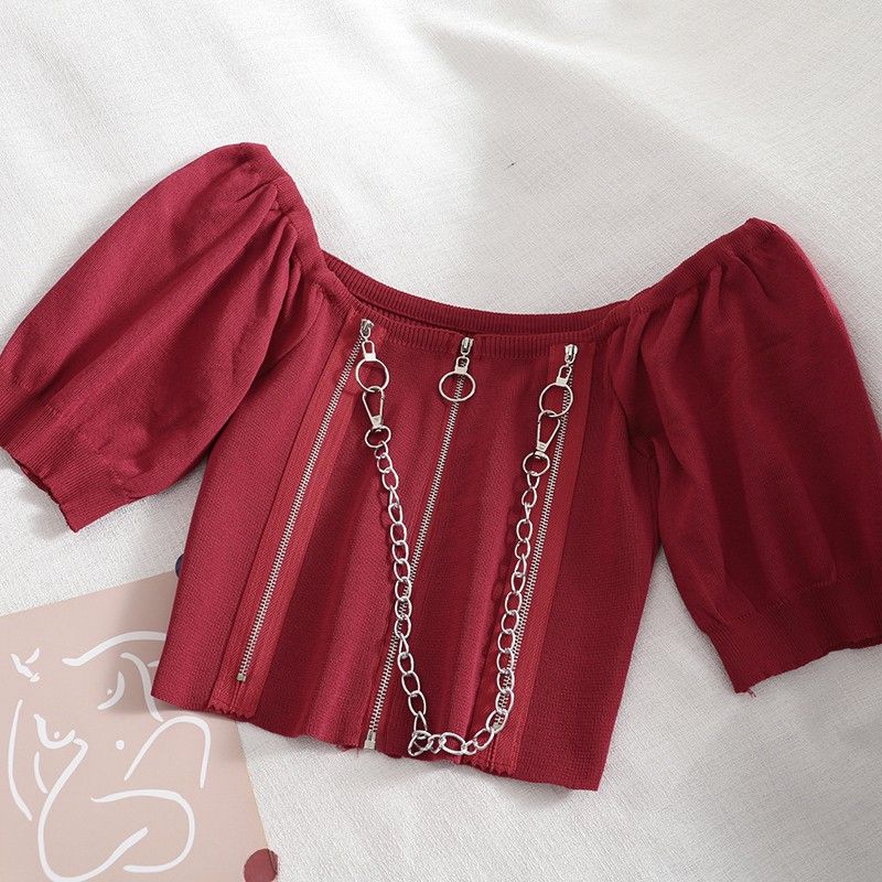 hot selling Women's Square Collar Tooling Zipper Strip Exposed Navel Sexy Short Sleeve Top Slim Pullover T-Shirt_voghion.com