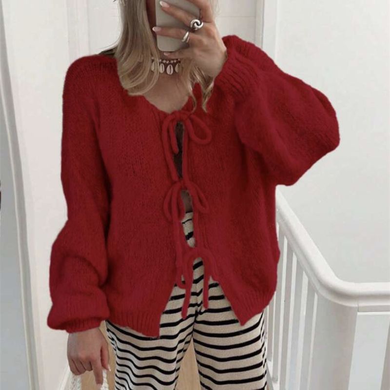 Women's Clothing Elegant V-Neck Tie-Front Knit Cardigan Soft Stylish Long Sleeve Open Front Sweater Lightweight & Versatile For Office & Casual Wear_voghion.com