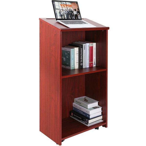 Podium Stand, 47 Inch Hostess Stand With 4 Rolling Wheels, Wood Podium With Storage Shelves And Slant Desktop, Lecterns & Podiums For Home, Off_voghion.com
