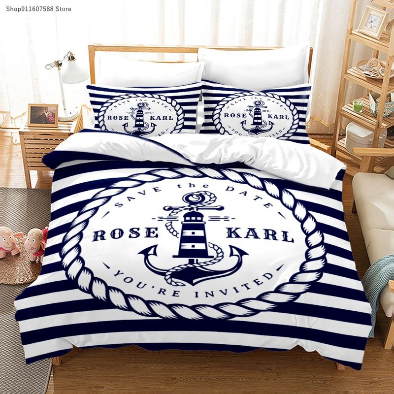 Anker und weiße Streifen 3D gedruckt Marineblau Quilt dreiteiliges Bettwäsche-Set individuell_voghion.com