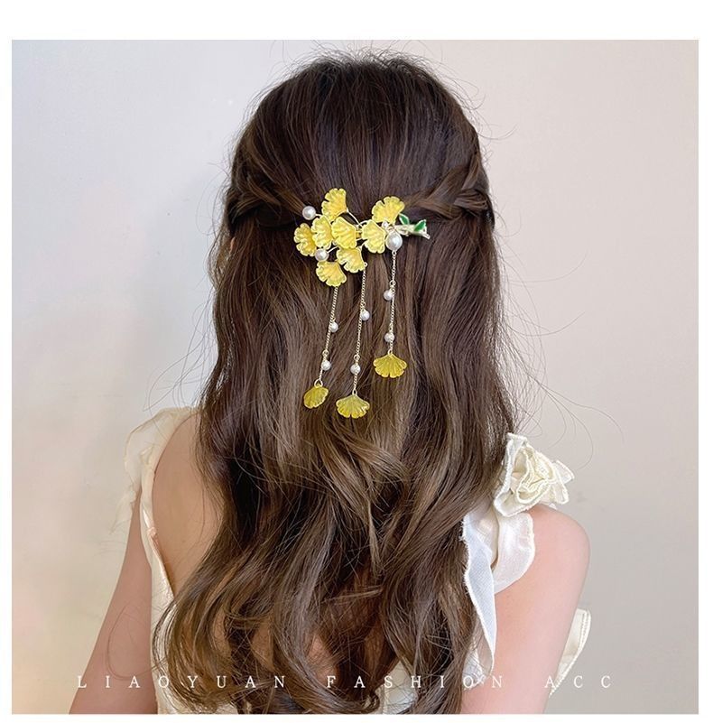 Frangia laterale per capelli con foglia di ginkgo, alla moda, con nappa di perle, fermaglio dritto a becco d'anatra_voghion.com