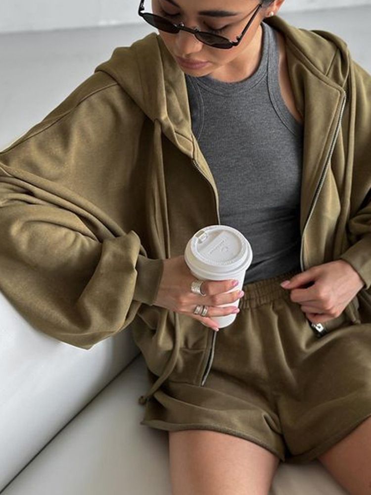Casual Women's Solid Color Long Sleeve Hooded Drawstring Sweatshirt Jacket Shorts Two-Piece Set_voghion.com