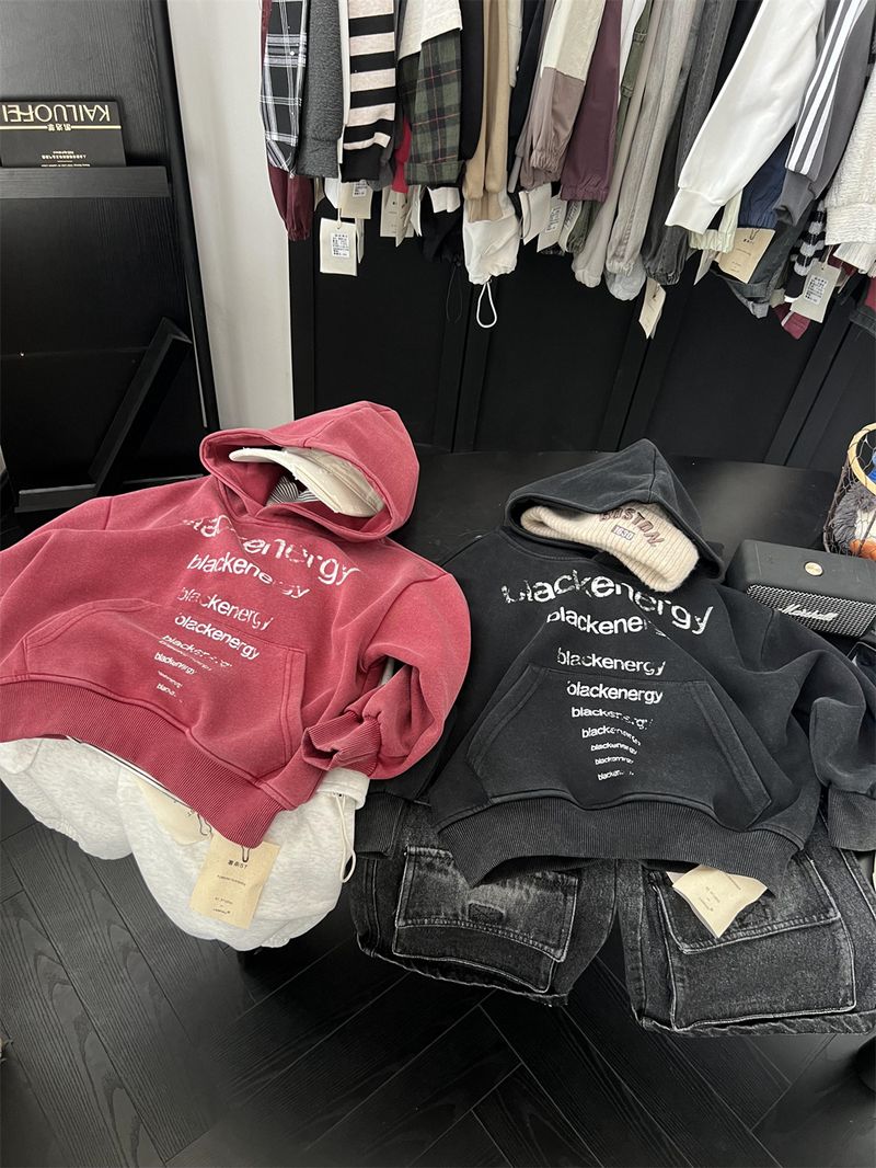 Boys And Girls American Vintage Letter Hooded Sweatshirt, Children's Trendy Cool Autumn Style Sand Washed White Pullover_voghion.com