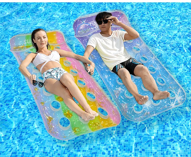 Shimmer Inflatable Lounge Chair - Ergonomic Backrest & Neck Support (Gradient PVC Floating Bed For Pool/Beach Sparkle Design With Ventilation Holes)_voghion.com