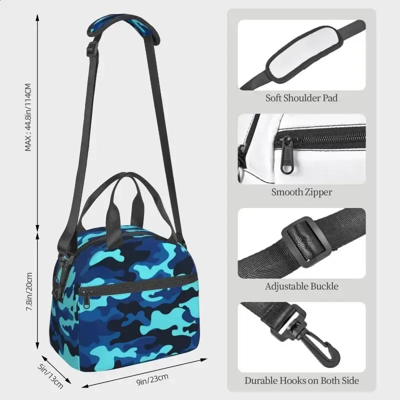 Sac à déjeuner isotherme réutilisable à motif camouflage bleu, résistant à la chaleur, sac à main pour le travail, l'école, les voyages, les pique-niques_voghion.com