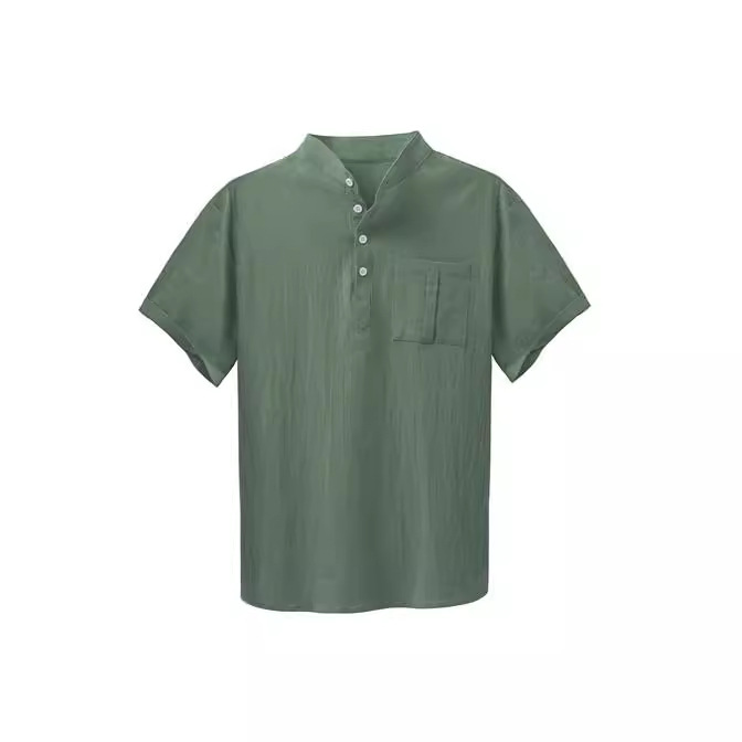 Europäisches und amerikanisches kurzärmliges, einfarbiges, lässiges Pullover-Stehkragenhemd aus Baumwolle für Herren_voghion.com