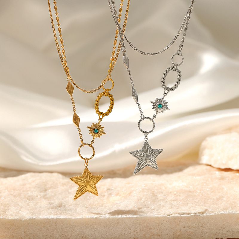 Collana in acciaio inossidabile a forma di stella a cinque punte in oro 14K a doppio strato per donna, stile Ins, design geometrico di nicchia_voghion.com