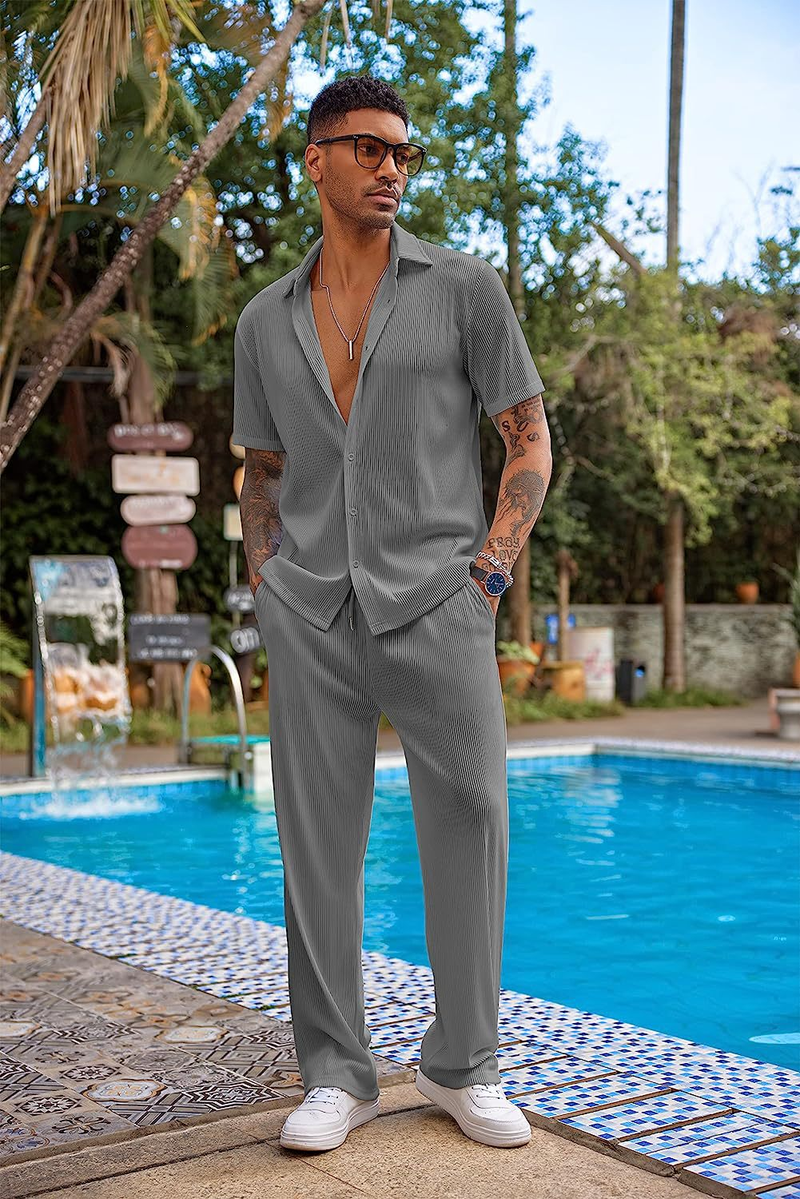 Calças compridas de manga curta de cor sólida masculina nova solta conjunto casual_voghion.com